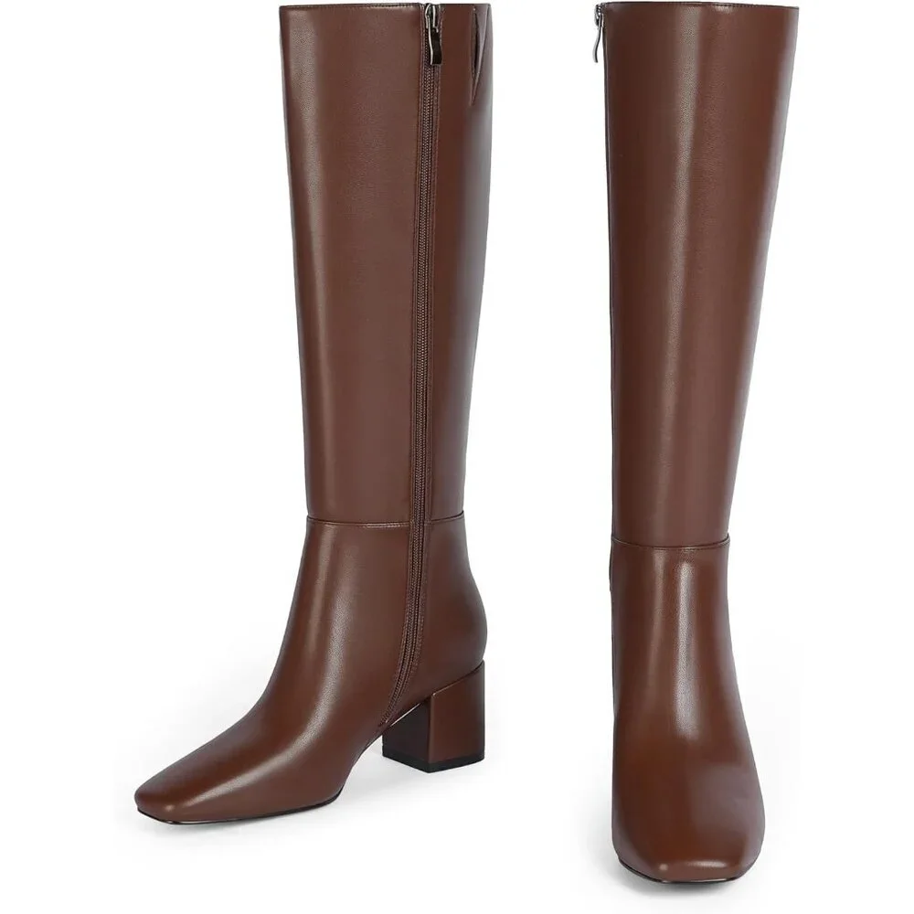 Women's Brown Knee High Boots Square Toe Tall Chunky Heel Rubber